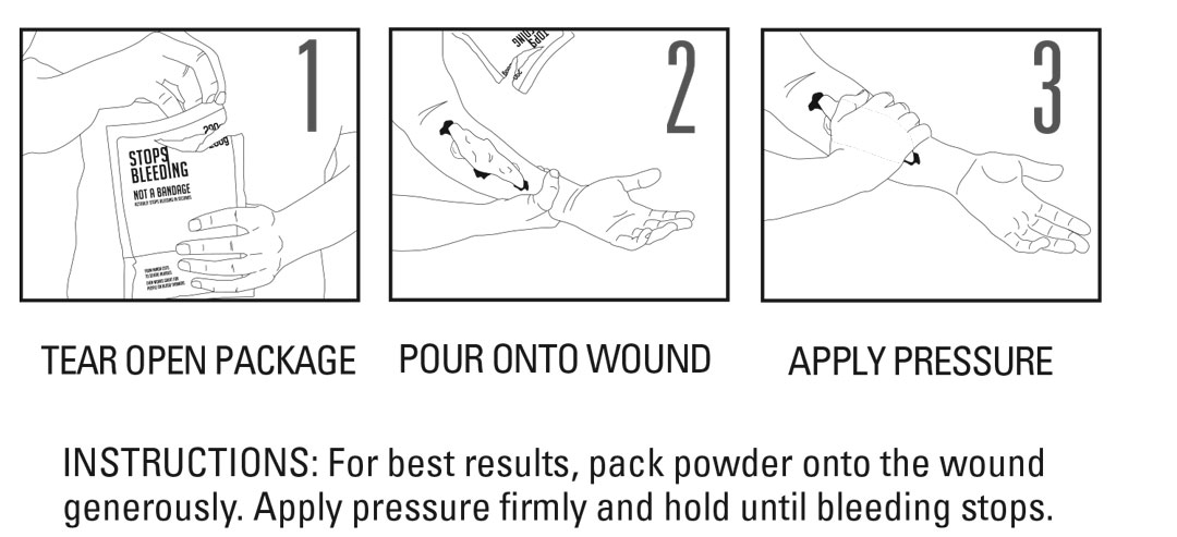 Instructions for use of StopsBleeding™ 1. Tear Open Package 2. Pour Onto Wound 3. Apply Pressure